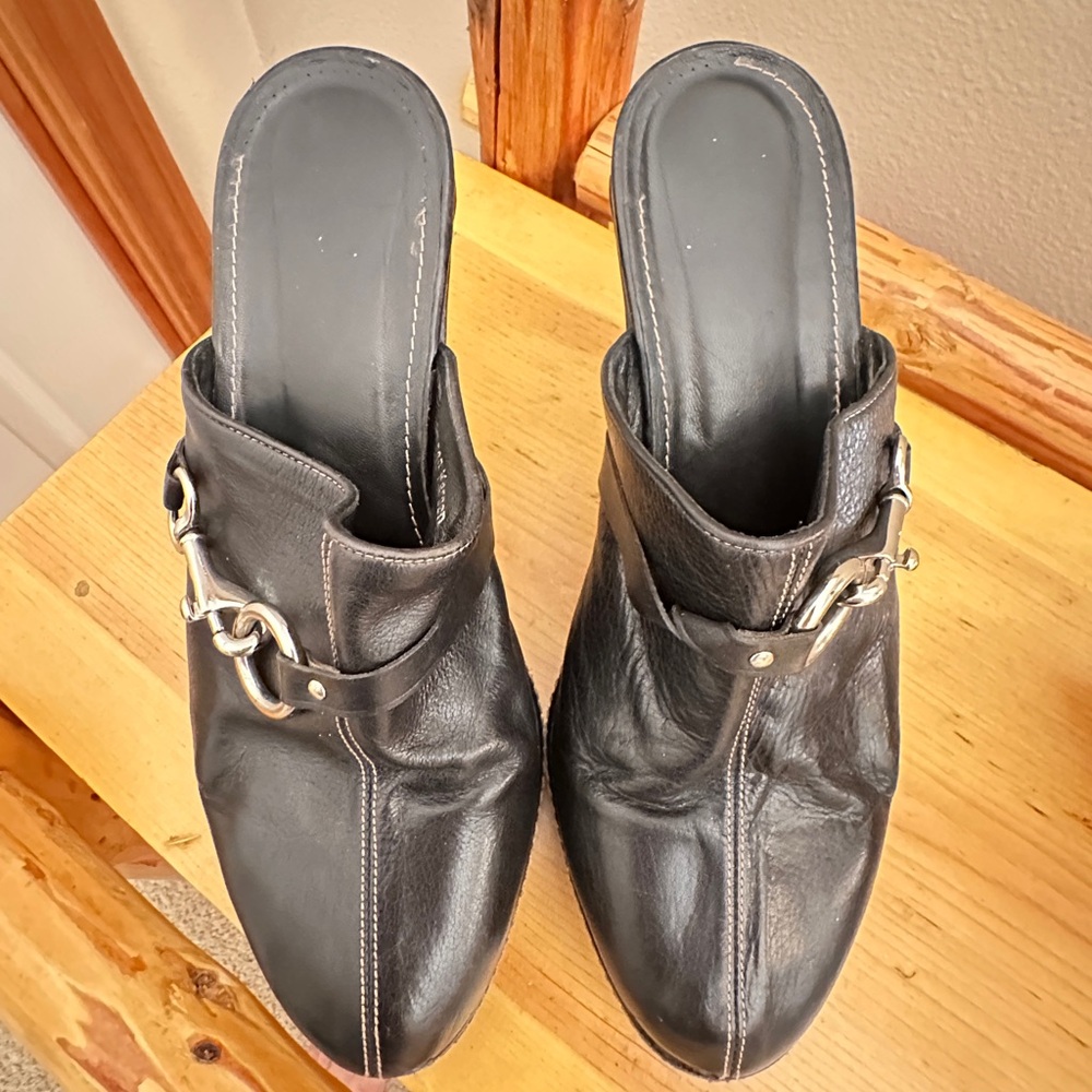 Coach Black Mules with Silver Chain Detail